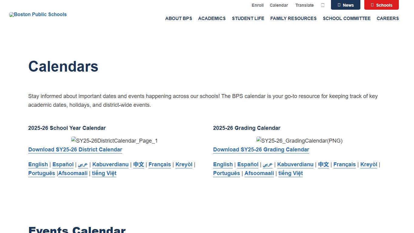 Boston Public Schools District Calendar